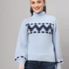 Women's sky blue and navy chevron fuzzy knit short-length winter sweater top with high neckline