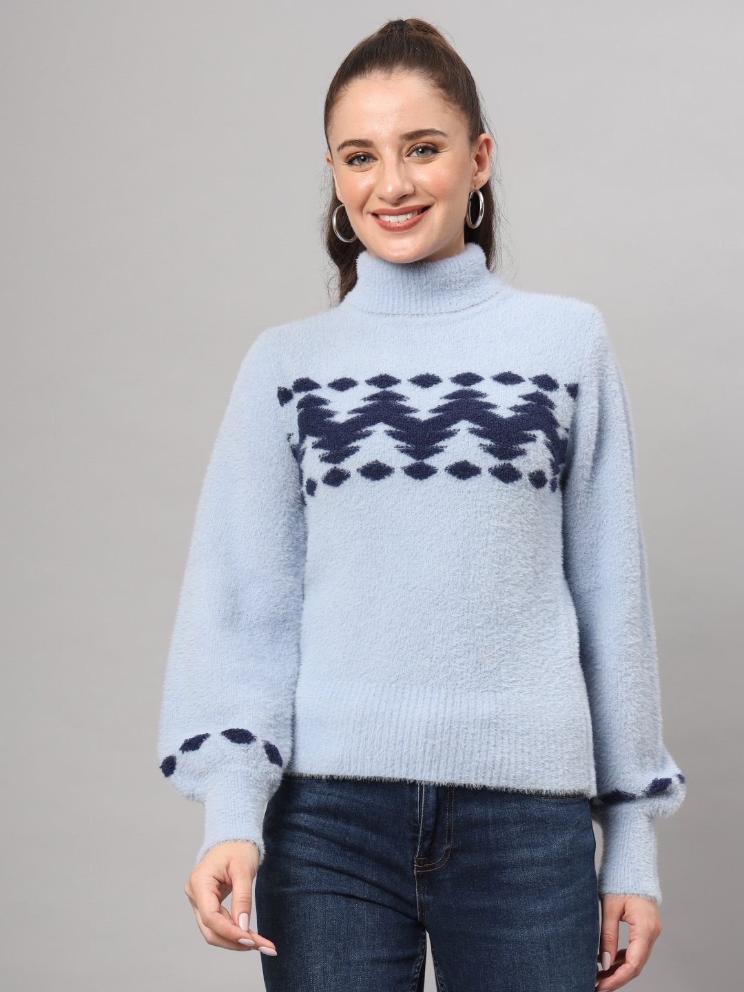 Women's sky blue and navy chevron fuzzy knit short-length winter sweater top with high neckline