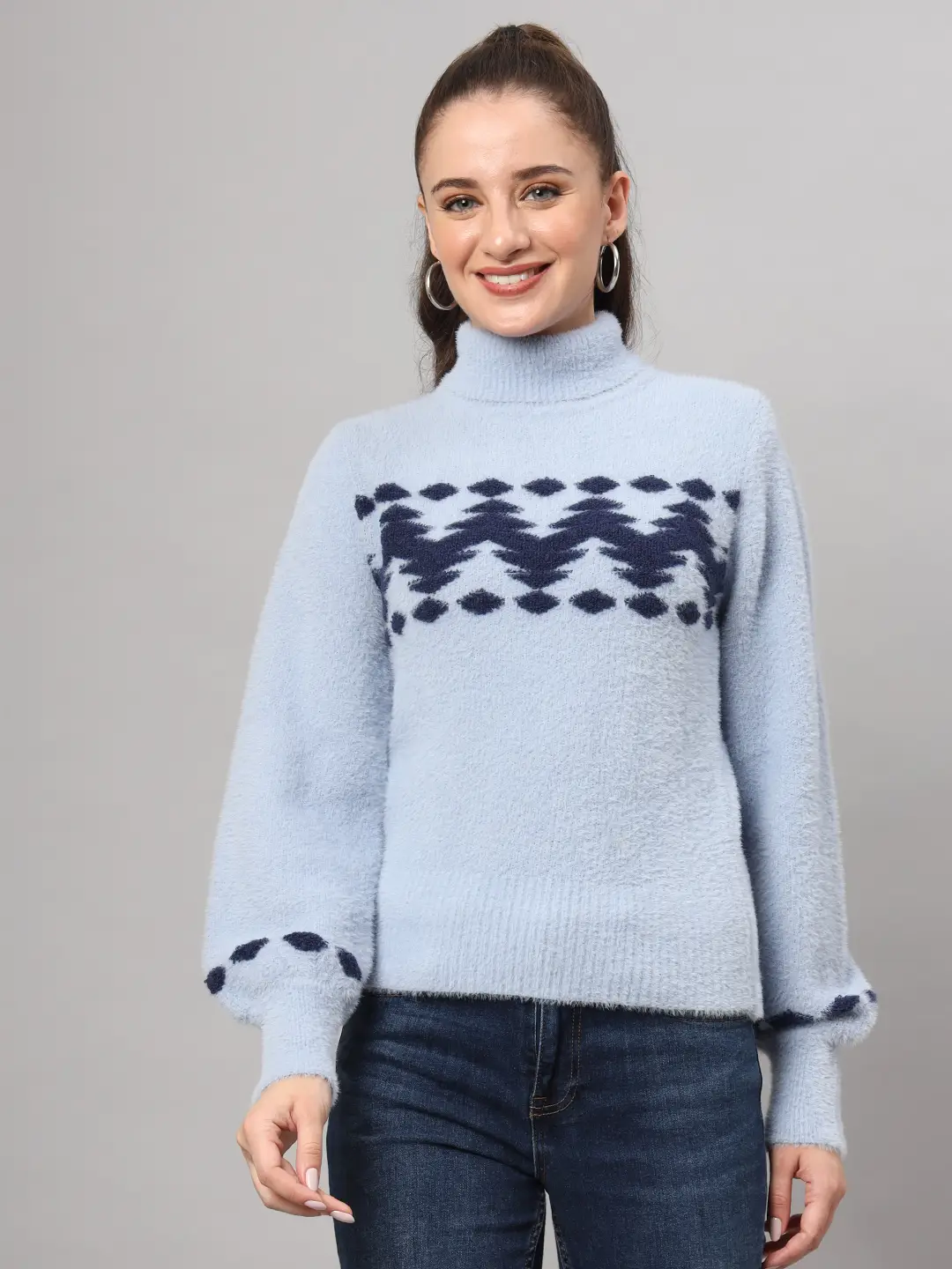 Women's sky blue and navy chevron fuzzy knit short-length winter sweater top with high neckline Women's sky blue and navy chevron fuzzy knit short-length winter sweater top with high neckline
