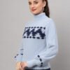 Sky Blue & Navy Knit Short-Length Winter Sweater Top