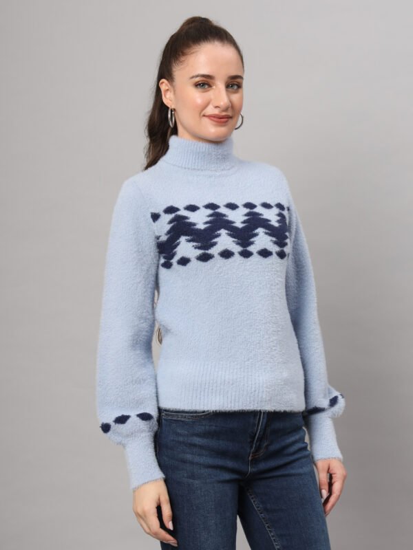 Sky Blue & Navy Knit Short-Length Winter Sweater Top