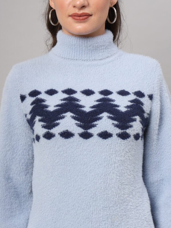 Sky Blue & Navy Knit Short-Length Winter Sweater Top