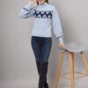 Women's sky blue and navy chevron fuzzy knit short-length winter sweater top with high neckline