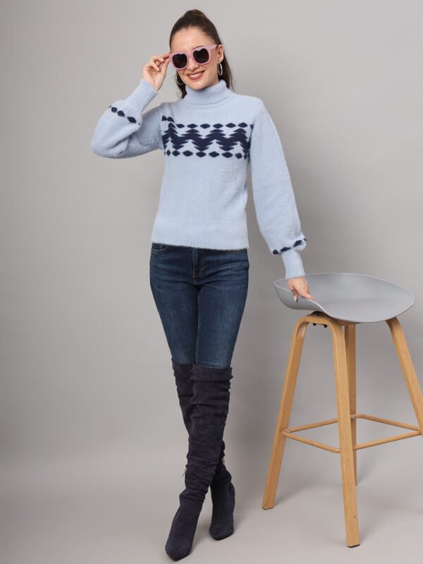 Women's sky blue and navy chevron fuzzy knit short-length winter sweater top with high neckline