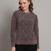 Women's dusty mauve and black abstract wave fuzzy knit short-length winter sweater top with round neckline