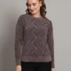 Women's dusty mauve and black abstract wave fuzzy knit short-length winter sweater top with round neckline