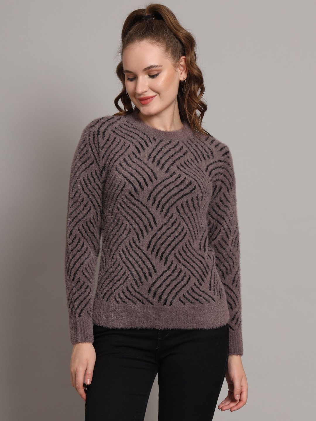 Women's dusty mauve and black abstract wave fuzzy knit short-length winter sweater top with round neckline