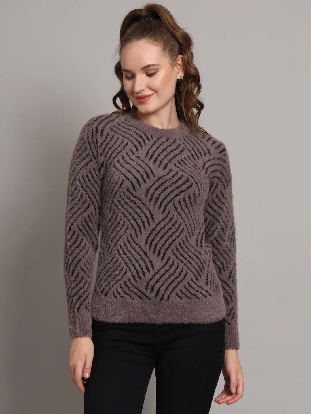 Women's dusty mauve and black abstract wave fuzzy knit short-length winter sweater top with round neckline Women's dusty mauve and black abstract wave fuzzy knit short-length winter sweater top with round neckline