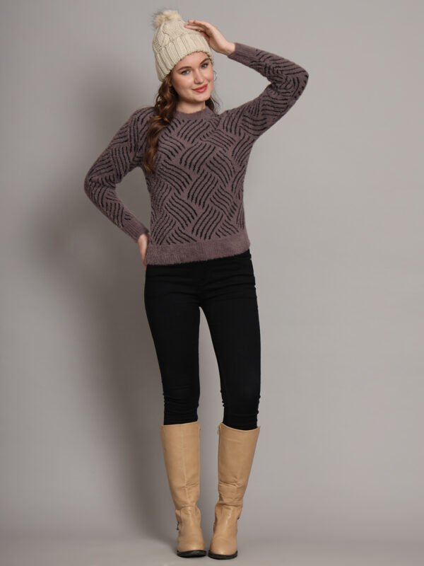 Women's dusty mauve and black abstract wave fuzzy knit short-length winter sweater top with round neckline