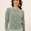 Women's pistachio and navy abstract wave fuzzy knit short-length winter sweater top with round neckline