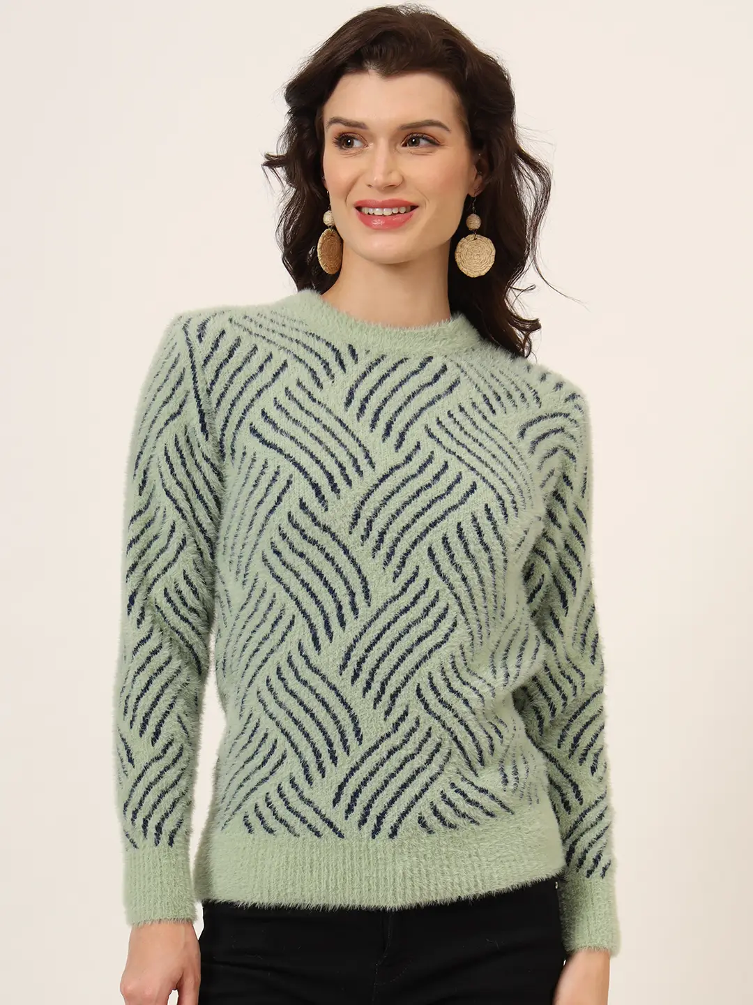 Women's pistachio and navy abstract wave fuzzy knit short-length winter sweater top with round neckline