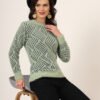 Women's pistachio and navy abstract wave fuzzy knit short-length winter sweater top with round neckline