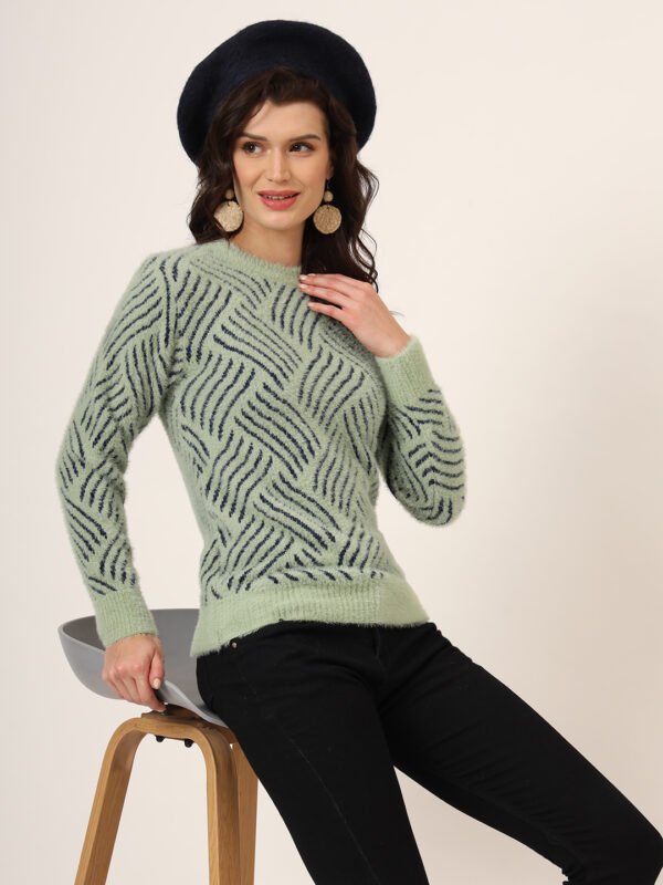 Women's pistachio and navy abstract wave fuzzy knit short-length winter sweater top with round neckline