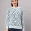 Women's sky blue and navy abstract wave fuzzy knit short-length winter sweater top with round neckline