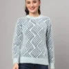 Women's sky blue and navy abstract wave fuzzy knit short-length winter sweater top with round neckline