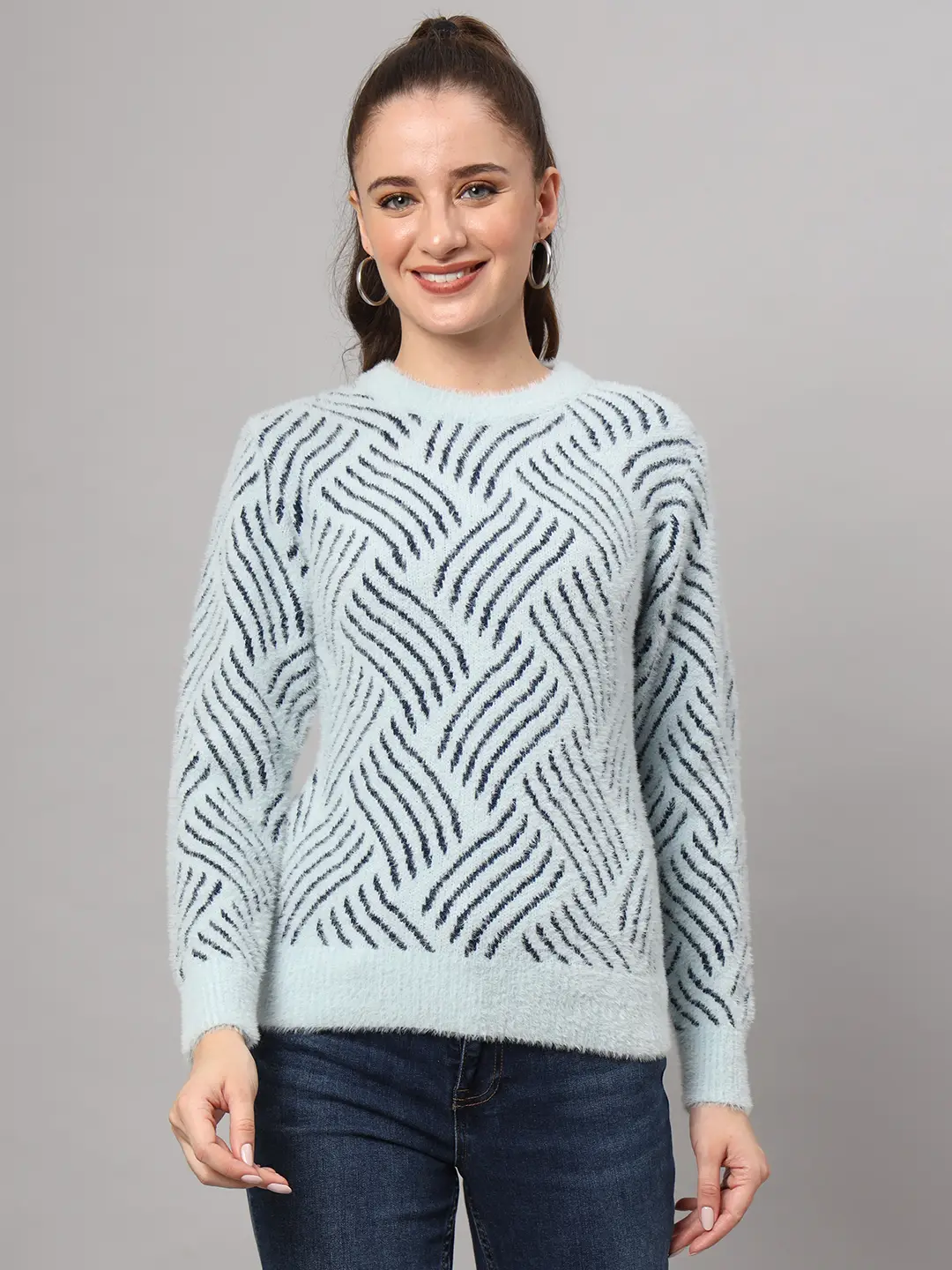 Women's sky blue and navy abstract wave fuzzy knit short-length winter sweater top with round neckline