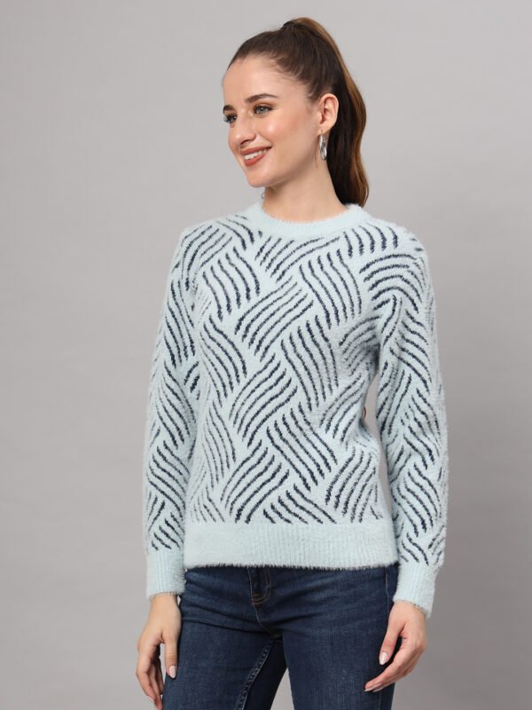 Sky Blue & Navy Knit Short-Length Winter Sweater Top