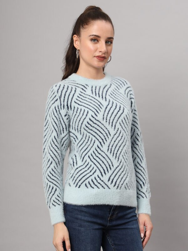 Sky Blue & Navy Knit Short-Length Winter Sweater Top