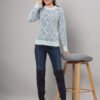 Women's sky blue and navy abstract wave fuzzy knit short-length winter sweater top with round neckline