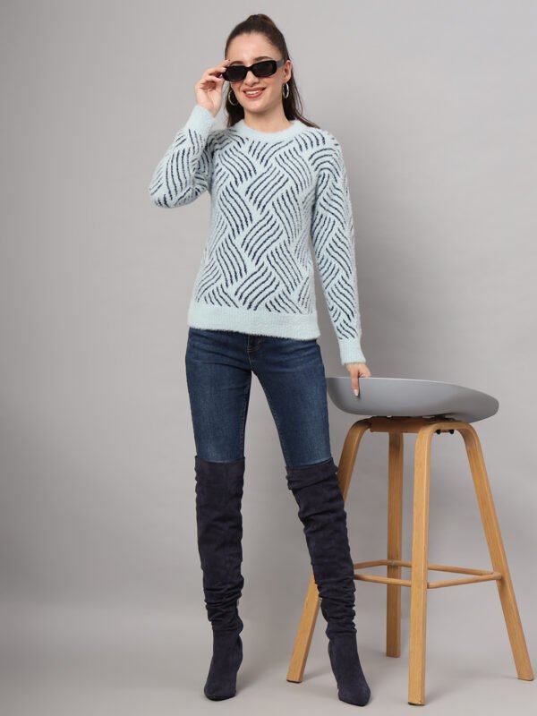 Women's sky blue and navy abstract wave fuzzy knit short-length winter sweater top with round neckline