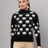 Women's black and white fuzzy knit short-length winter sweater top featuring cloud motifs and long sleeves