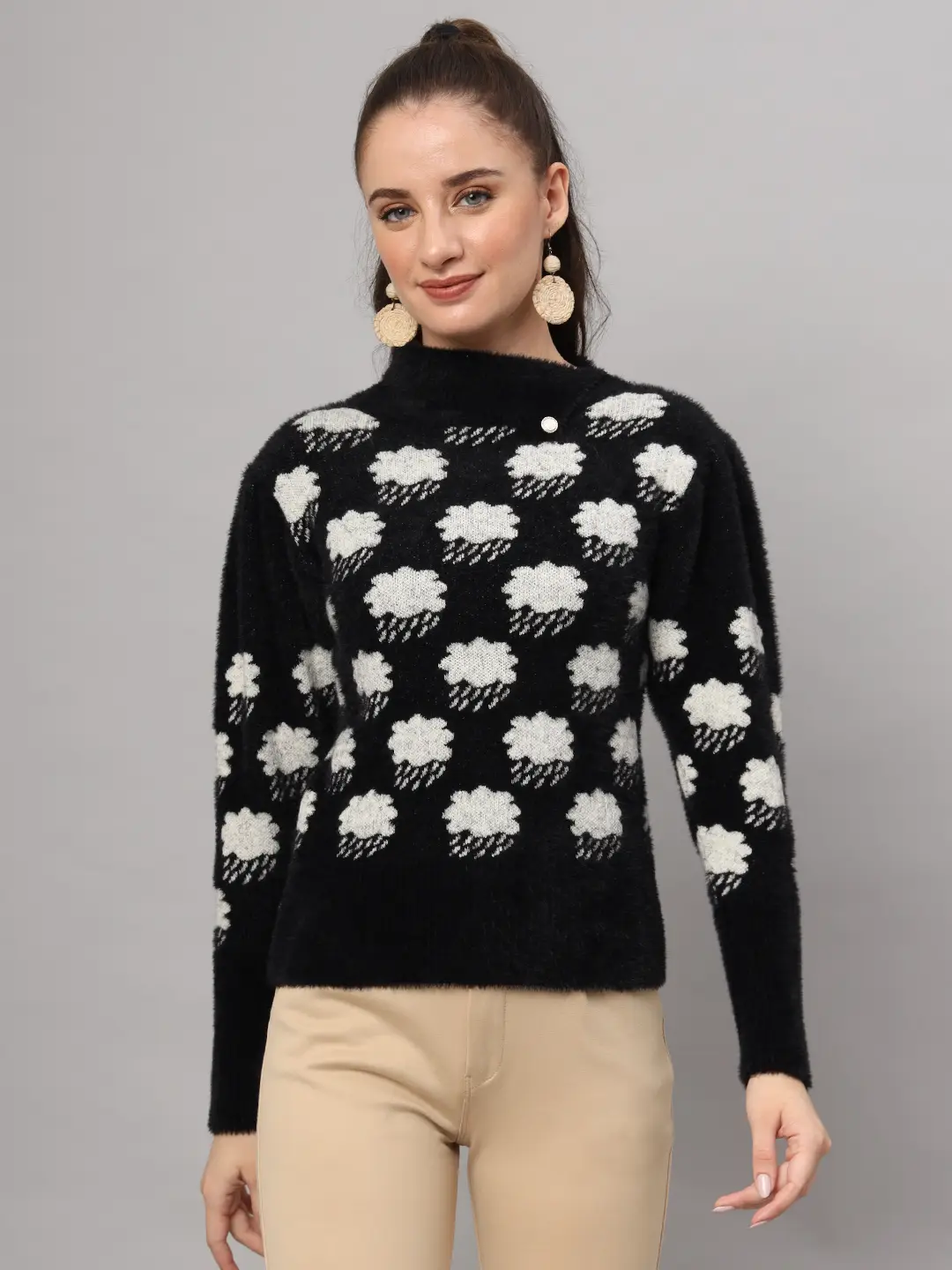 Women's black and white fuzzy knit short-length winter sweater top featuring cloud motifs and long sleeves