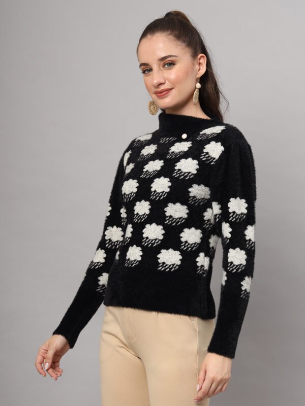 Black & White Cloud Pattern Fuzzy Knit Short-Length Winter Sweater Top