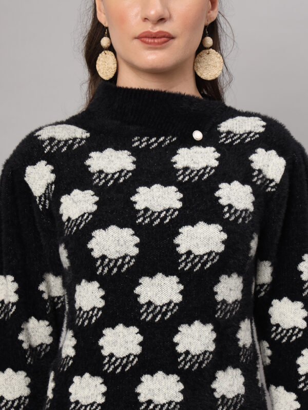 Black & White Cloud Pattern Fuzzy Knit Short-Length Winter Sweater Top