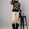 Women's black and white fuzzy knit short-length winter sweater top featuring cloud motifs and long sleeves
