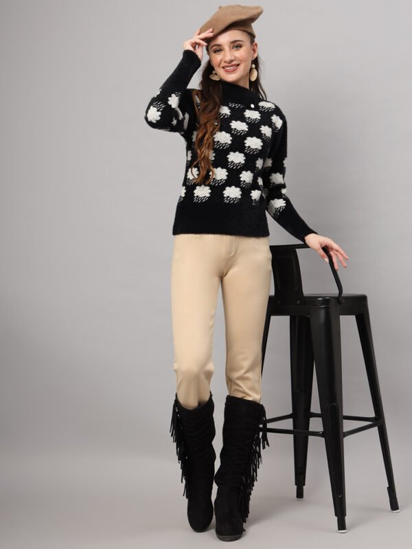 Women's black and white fuzzy knit short-length winter sweater top featuring cloud motifs and long sleeves