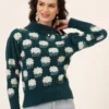Women's charcoal green and white cloud pattern fuzzy knit short-length winter sweater top with round neck and full sleeves