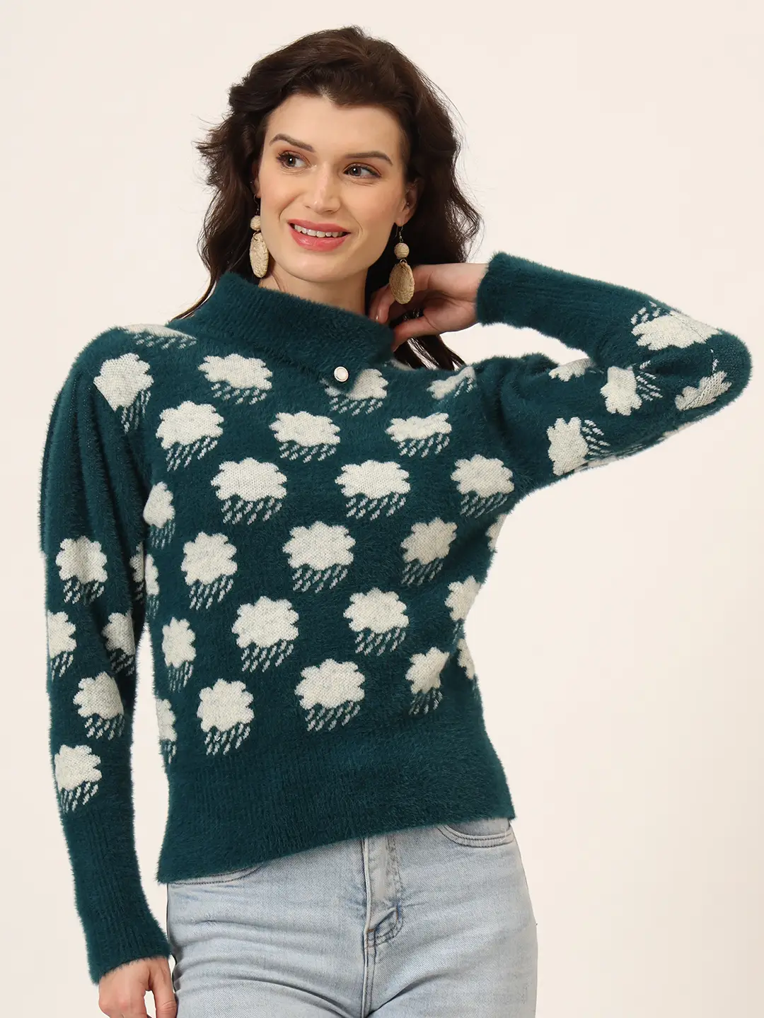 Women's charcoal green and white cloud pattern fuzzy knit short-length winter sweater top with round neck and full sleeves