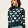Charcoal Green & White Knit Short-Length Winter Sweater Top