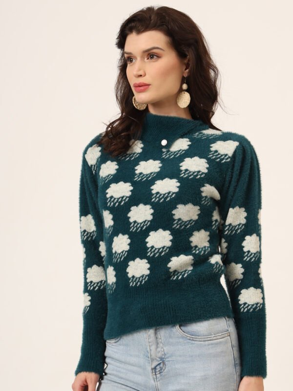 Charcoal Green & White Knit Short-Length Winter Sweater Top