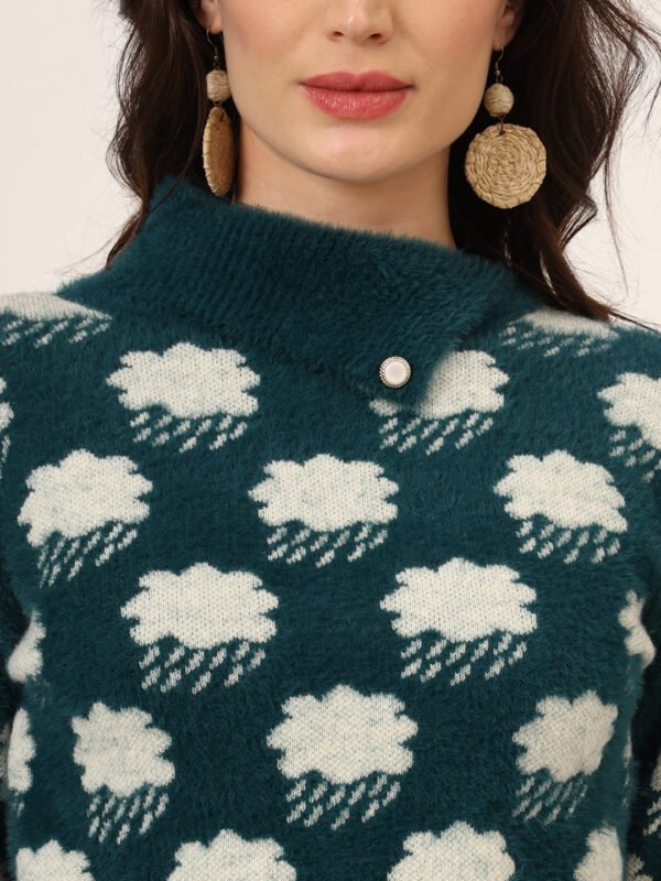 Charcoal Green & White Knit Short-Length Winter Sweater Top