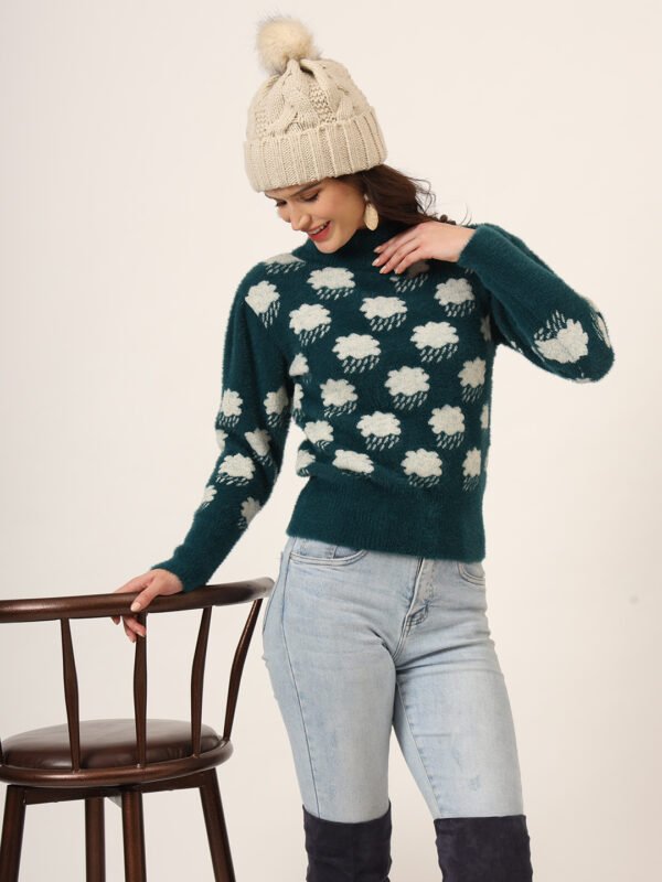 Charcoal Green & White Knit Short-Length Winter Sweater Top
