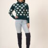 Women's charcoal green and white cloud pattern fuzzy knit short-length winter sweater top with round neck and full sleeves
