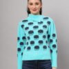 Women's firozi blue and black cloud pattern fuzzy knit short-length winter sweater top with full sleeves and round neck