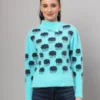 Women's firozi blue and black cloud pattern fuzzy knit short-length winter sweater top with full sleeves and round neck Women's firozi blue and black cloud pattern fuzzy knit short-length winter sweater top with full sleeves and round neck