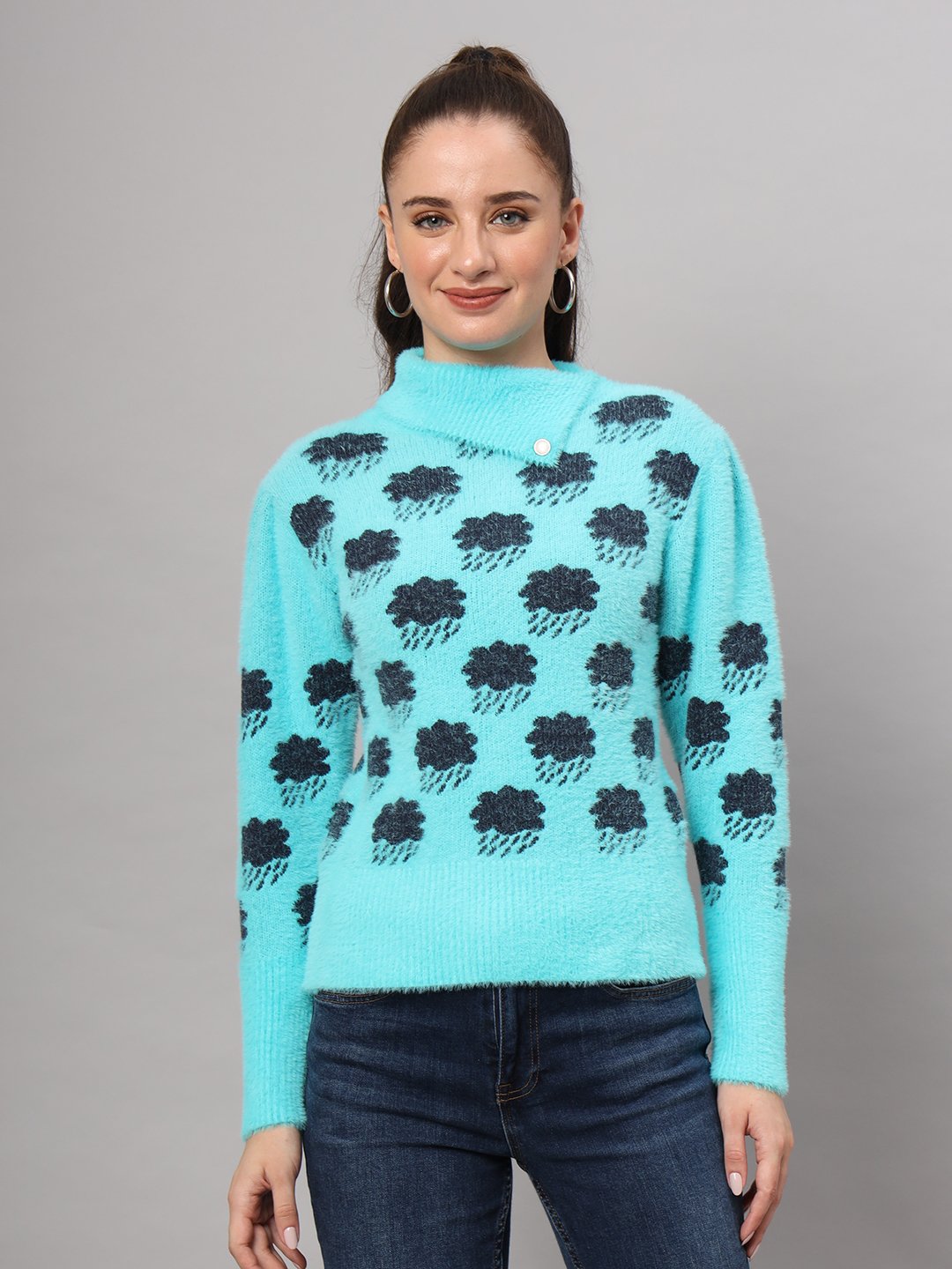 Women's firozi blue and black cloud pattern fuzzy knit short-length winter sweater top with full sleeves and round neck