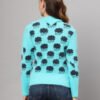 Women's firozi blue and black cloud pattern fuzzy knit short-length winter sweater top with full sleeves and round neck