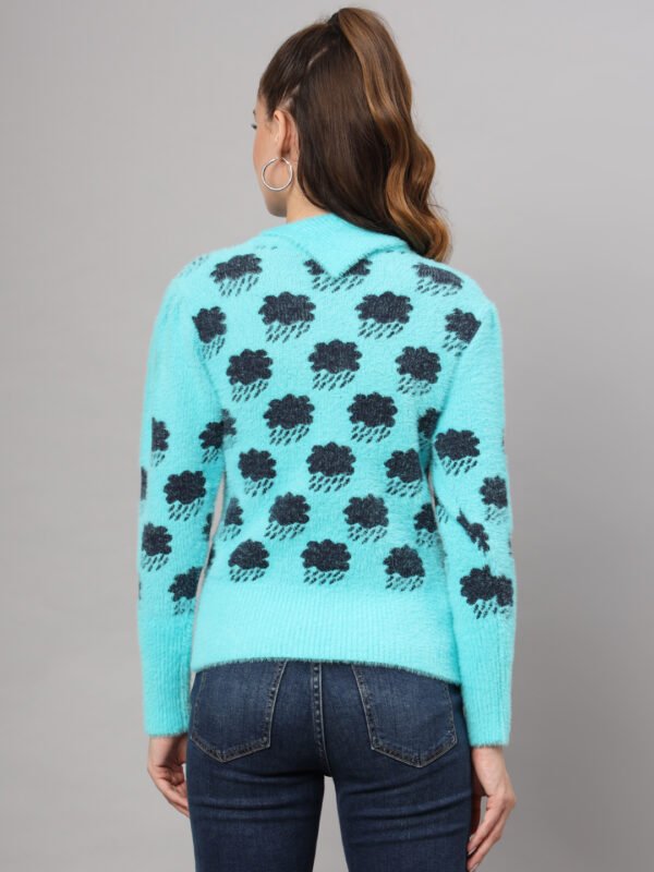 Women's firozi blue and black cloud pattern fuzzy knit short-length winter sweater top with full sleeves and round neck