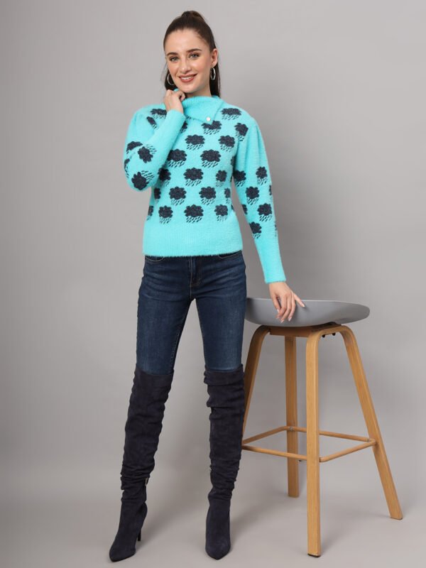 Firozi Blue & Black Knit Short-Length Winter Sweater Top