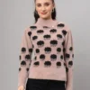 Women's dusty mauve and black cloud pattern fuzzy knit short-length winter sweater top with round neck and long sleeves