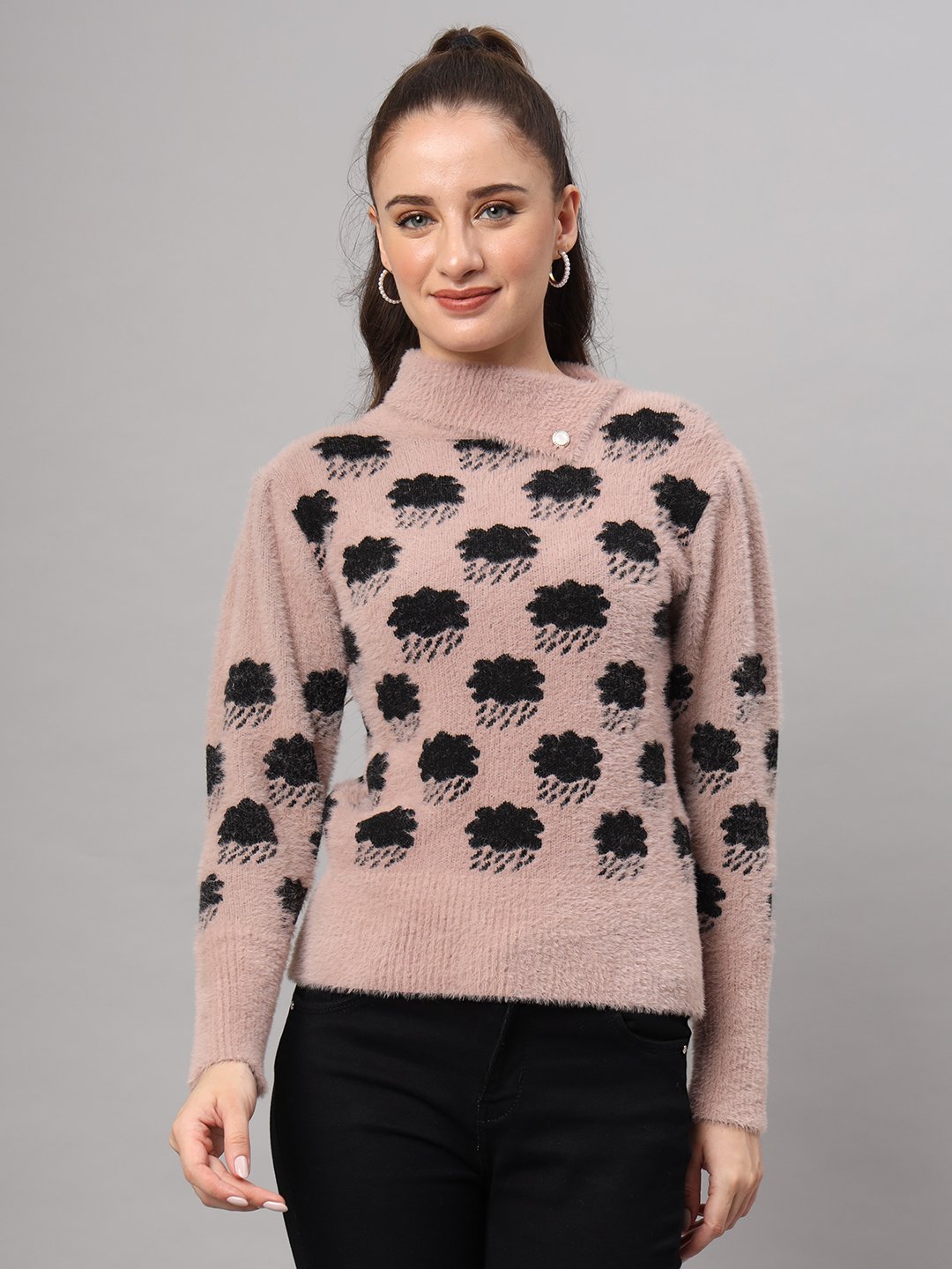 Women's dusty mauve and black cloud pattern fuzzy knit short-length winter sweater top with round neck and long sleeves