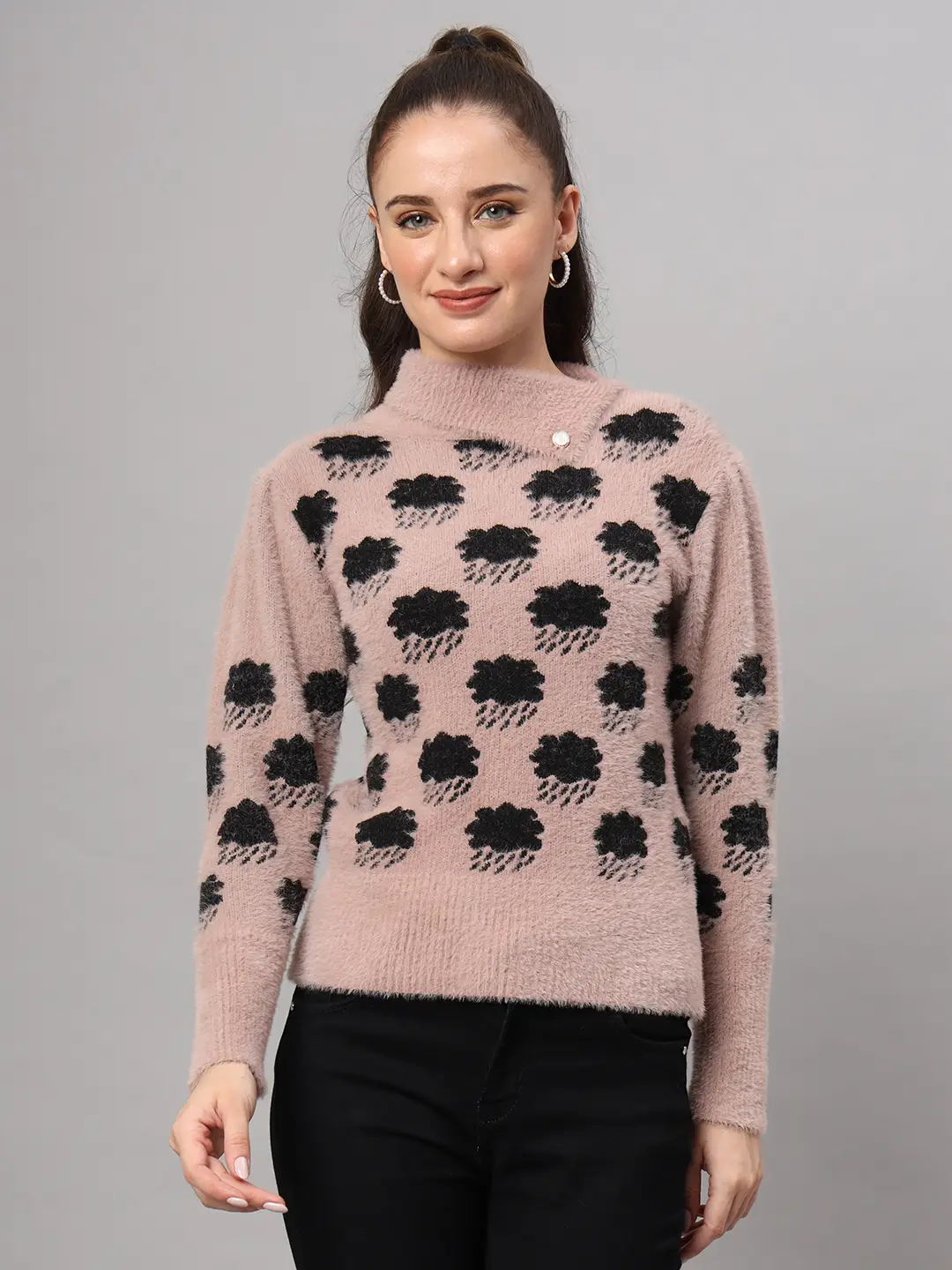 Women's dusty mauve and black cloud pattern fuzzy knit short-length winter sweater top with round neck and long sleeves Women's dusty mauve and black cloud pattern fuzzy knit short-length winter sweater top with round neck and long sleeves