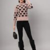 Women's dusty mauve and black cloud pattern fuzzy knit short-length winter sweater top with round neck and long sleeves