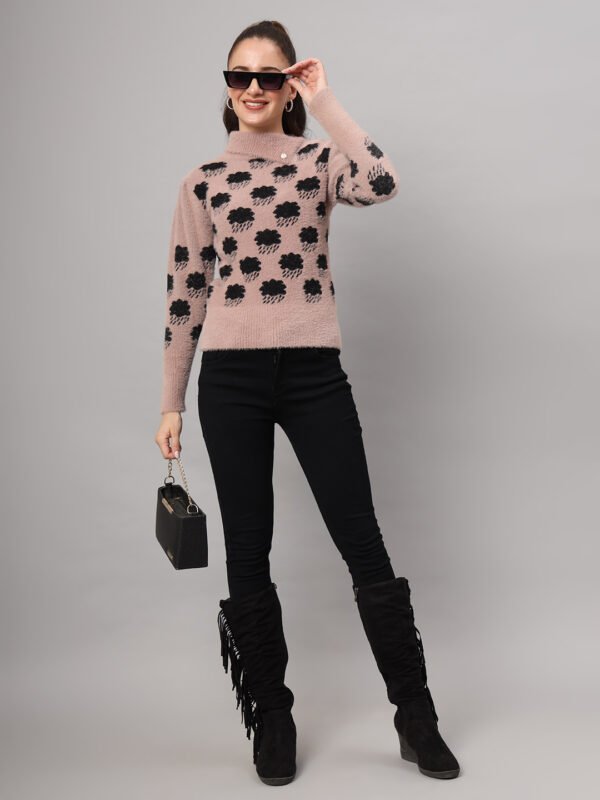 Women's dusty mauve and black cloud pattern fuzzy knit short-length winter sweater top with round neck and long sleeves