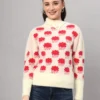 Women's off-white and red cloud pattern fuzzy knit short-length winter sweater top with round neck and long sleeves