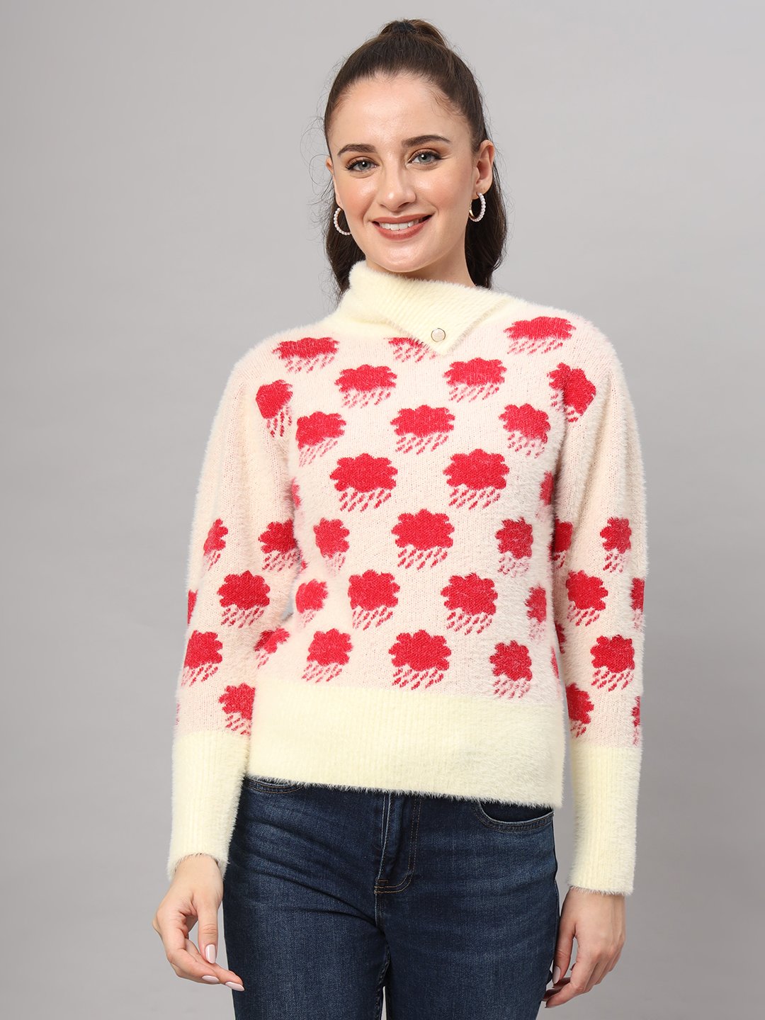 Women's off-white and red cloud pattern fuzzy knit short-length winter sweater top with round neck and long sleeves